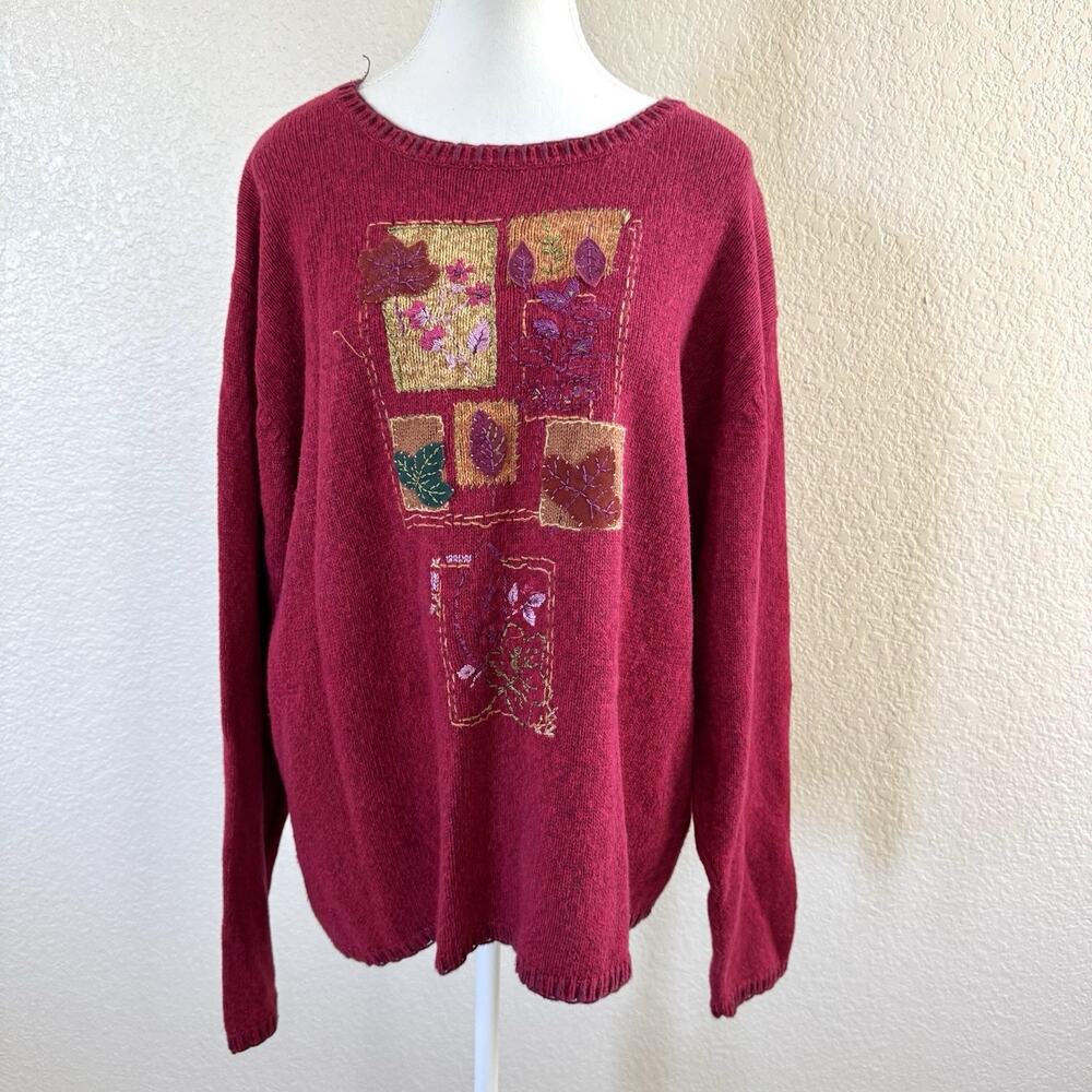 Erika XL Red Fall Print Sweater Embroidered Floral Patchwork Cottagecore Granny